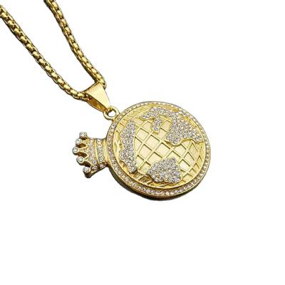 China Chosen Jewelry RTS Hip Hop Cute Hot Selling Cute Stainless Steel Diamond World Map Bling Round Necklace For Men Jewelry for sale