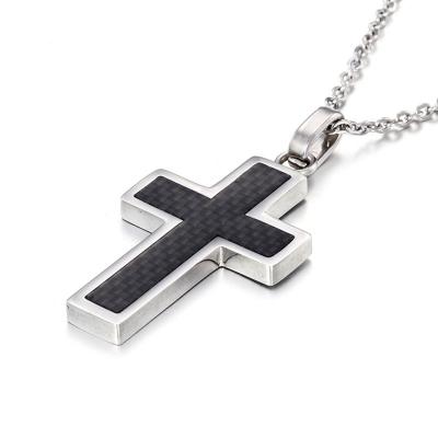 China Black Color Religious Cross Design Personality Jewelry RTS Chosen Stainless Steel Solid Carbon Fiber Pendant For Men Jewelry for sale