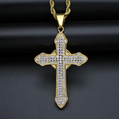 China Hiphop Elected Bling Crystal Rhinestone Catholic Cross Necklace RTS Hip Hop Jewelry Stainless Steel For Rapper for sale