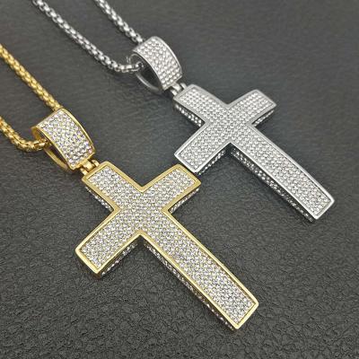 China Hiphop Elu Jewelry RTS Hip Hop Iced Out Stainless Steel 14k Gold Plated Cross Pendant For Women Mens Jewelry for sale