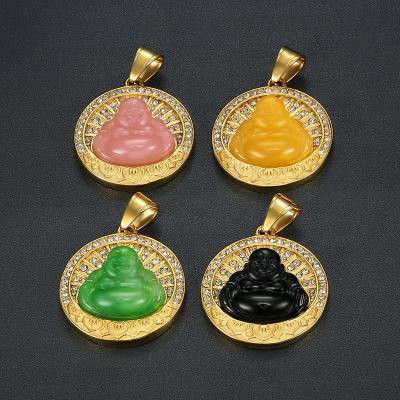 China Wholesale Rhinestone Lotus Round Buddha Pendant Hiphop Elu RTS Jewelry Religion Jewelry Stainless Steel for sale