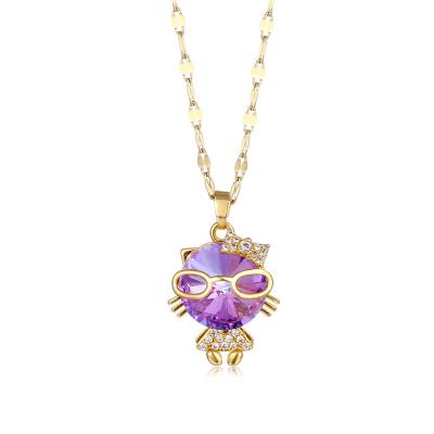 China Elu TRENDY Jewelry RTS Fashion Brass Gold Plated Amethyst Stone Cat Necklace For Women Bling Bling Jewelry for sale