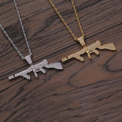 China Hot Selling Hiphop Elu Jewelry RTS Gold Plated Brass Inlay Cubic Zirconia Iced Out Gun Gold Necklace For Men Jewelry for sale