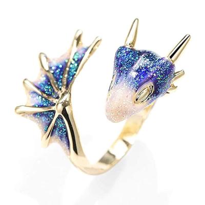 China FASHIONABLE Elu Jewelry RTS New Design Gold Plated Zinc Alloy Adjustable Enamel Blue Dragon Ring Opening Ring For Women Men Jewelry for sale