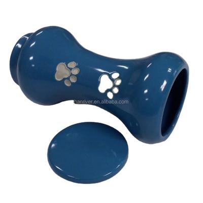 China Best Selling Stored Ceramic Bone Shape Pet Urns Casket With Hand Paint Paw Mark For Pets Ashes With Cover for sale