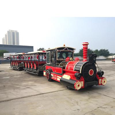 China San Christmas wooden chuan black and red type battery and trackless electric train for sightseeing tourist train for sale