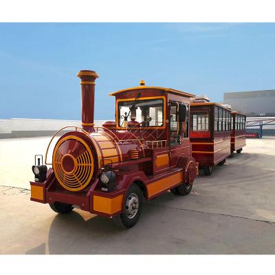 China Totally Enclosed Type Wooden Amusement San Chuan Train Rides Tourist Attraction Playground Trackless Train Ride for sale