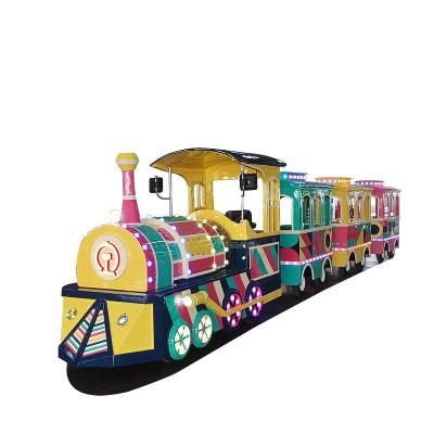 China San chuan wood factory red blue yellow color block battery and trackless electric train for fun sightseeing for sale