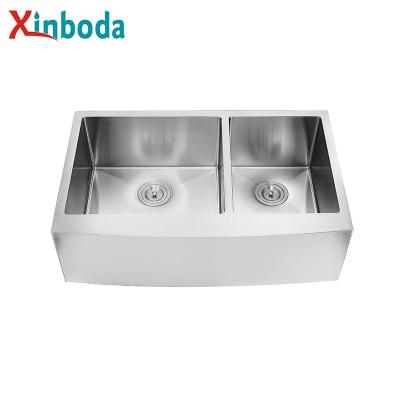 China Guangdong Supply Double Bowl 16 or 18 Faucet Stainless Steel Apron Sink Manufacturer 304 Gauge Kitchen Sink for sale