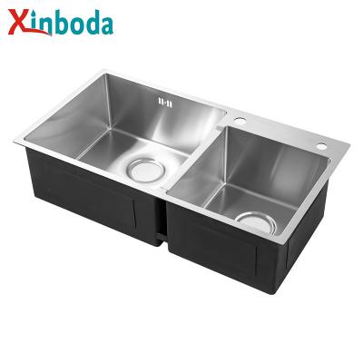 China Without Faucet High Quality Customized Double Faucet Hotel Restaurant Farmhouse Bowl Drainer Kitchen Sink for sale