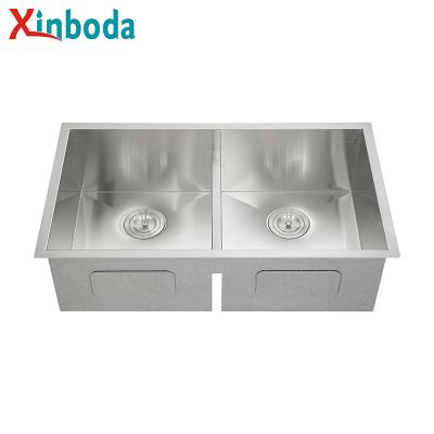 China Hot Selling Undermount Double Faucet 18 Gauge Stainless Steel Kitchen Sink Double Bowl Rectangular 16 Basin for sale