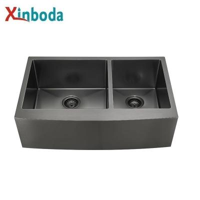 China Without Faucet China Supplier Nano Titanium Black Drop In Apron Front Double Bowl Stainless Steel Farmhouse Kitchen Sink for sale