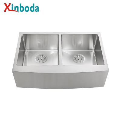 China Without Faucet Hot Sale Apron Front Farmhouse Double Bowl 16 Gauge Stainless Steel Brush Satin Finish Kitchen Sink for sale