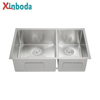 China Without Faucet Newest Products 304 Style American Undermount Kitchen Sink Stainless Steel Handmade Rectangle Double Bowl for sale