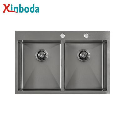 China Without Faucet China Suppliers Rectangular Black Nano Sinks Double Bowl Topmount Stainless Steel Kitchen Sink for sale