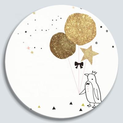 China Foil Cute Little Bird Round Canvas Painting With Foil Screen Printed Gold Art For Kids And Bedroom Decoration for sale