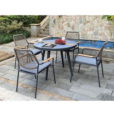 China Modern Round Garden Furniture Outdoor Bistro Table And Chairs With Woven Rope And Teak Wood for sale