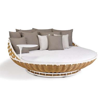 China UV Resistance Round Popular Wicker Outdoor Chaise Lounge Double Folding Bed With Cushion for sale