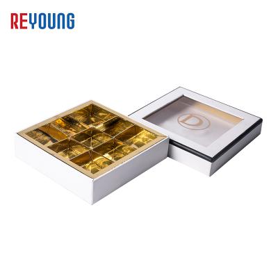 China Recyclable Wedding Hollow Gold Insert Sweetie Chocolate Box Boxes For Christmas Chocolates With Dividing Ribbon for sale