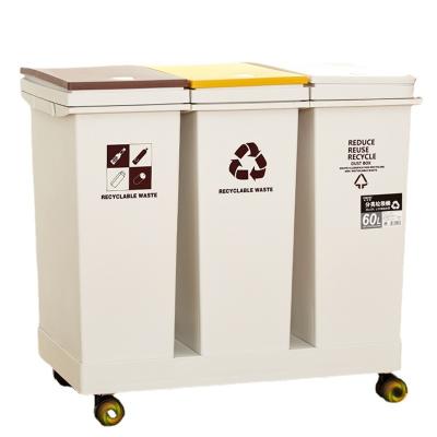 China 60L Sustainable 3compartment On Cover Open Cover Waste Bin Removable Sorting Bin With Base Bin for sale