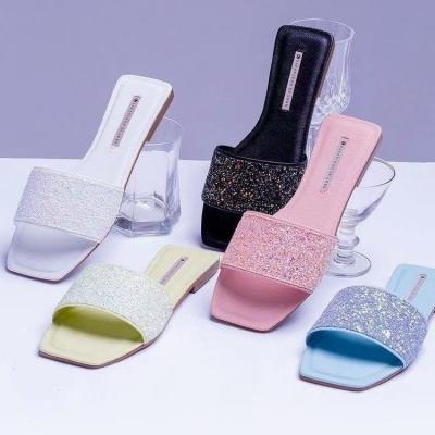 China Fashion Trend Women Fashion Flat Casual Sequins Solid Color Slippers Adjust Toe Sandals Plus Size Beach Outdoor for sale