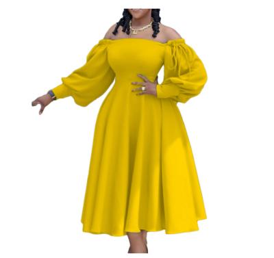 China New Fashion Women Solid Color Plus Size Off-Shoulder Long Sleeve Elegant Dress for sale