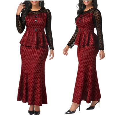 China Other New Arrivals Lace Up Stitching Two Piece Set Long Sleeve Ruffle Waist High Waist Maxi Peplum Dress For Women for sale