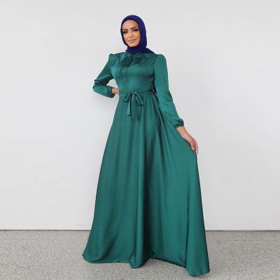 China Silky Muslim Muslim Islam Abaya Robe Dubai Turkey Satin Dress Ramadan Eid Djellaba Abaya Dubai Fashion Soft With Belt for sale