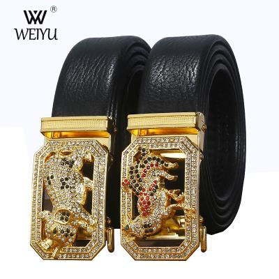 China Wholesale Ratchet Genuine Diamond Buckle Men Cowhide Leather Belt Automatic Waist Belt for sale