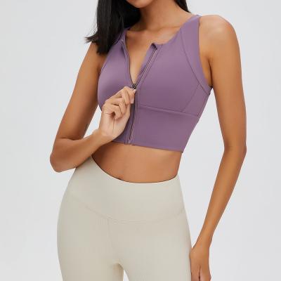 China High Support Crew Neck Yoga Sports Bra Ribbed Crop Breathable Wholesale Keyhole Zipper Beach Front Zipper Stretch Yoga Top Women for sale