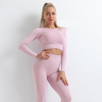 China Breathable Private Label Seamless Fitness Ribbed 3 Piece Yoga Set Long Sleeve Crop Upper Leggings Set Workout Sport Routine Wear for sale