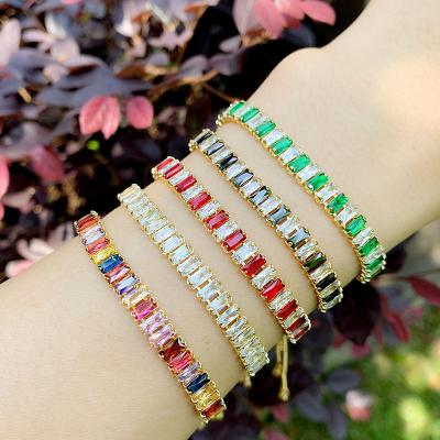 China TRENDY Women's 18k Gold Plated Box Chain Rainbow Color CZ Zirconia Brass Adjustable Tennis Bracelet for sale