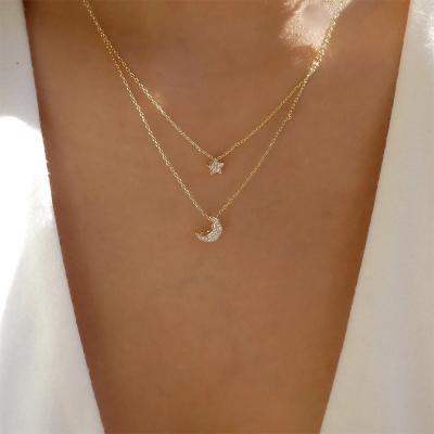 China TRENDY Women Fashion Jewelry 18K Gold Plated Two Layers Moon Star Zircon Pendant Necklace for sale