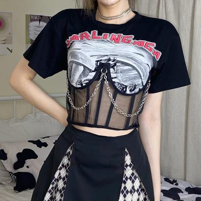 China Girls street fashion anti-pilling corset chain top t-shirt printing black top sexy crop top shirts for women for sale