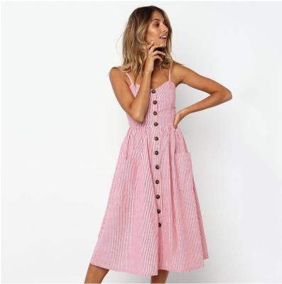 China New Look Anti-Static Elegant Ladies Dress Sleeveless Women Pocket Striped Dress for sale