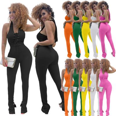 China Plus Size Anti-pilling Stretchy Clothing For Women Sleeveless Jumpsuit Female Halter Bandage Lace Up Jumpsuit for sale