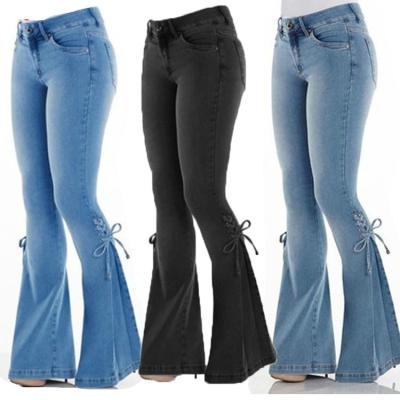 China Fade Proof Amazon New Coming Women's Mid Waist Wide Leg Jeans Summer Elastic Bell-Bottom Jeans Color for sale