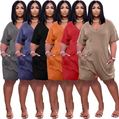 China Anti-pilling 2021 hot sale short sleeve romper for woman fat V-neck pocket jumpsuit for sale