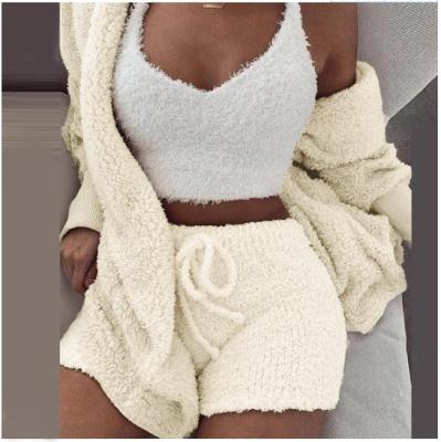 China Anti-pilling Comfortable Material Women Clothing Shorts 3pcs Set Plush Three Piece Pajamas Sets for sale