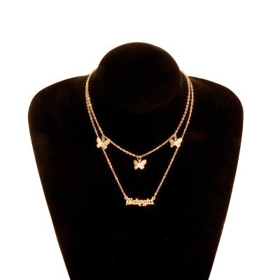 China Hiphop Europe and America Double Layer Women's Necklace Gold Letter Butterfly Necklace for sale