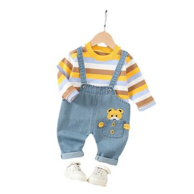 China Factory Casual Cheap Sale Girls Spring Clothing Sets Children Wear Boy Stripe Shirt Suspender Jeans Outfit for sale