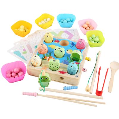 China Educational 4 in 1 Montessori Toy Magnetic Wooden Bead Catch Educational Toy Preschool Learning Game Fishing and Worm Toys Clip for sale