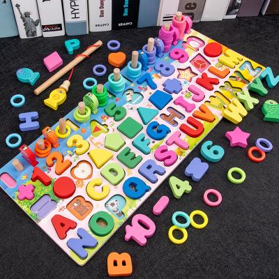 China Educational Wooden Puzzle Alphabet Shape Magnetic Number Matching Fishing Game Toys Educational Math Stacking Block Learning Jigsaw Board for sale