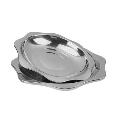 China Sustainable Stainless Steel Steak Tray Kitchen Serving Dishes Salad Round Dinner Dish for sale