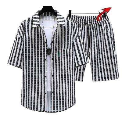 China Anti-pilling Men's Summer Stripes Vertical Stripe Shirt Shorts Short Sleeve Shirt Suit for sale