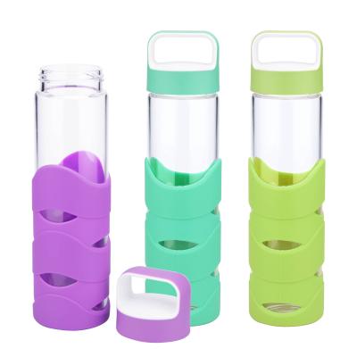 China Elegant Sleeve Single Wall Juice Water Bottle, Portable Handle Borosilicate Glass Sports Kuangdi Design Silicone Water Wholesale for sale