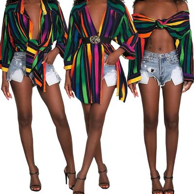 China Breathable Sexy Women Club Dress Autumn Mini Shirt Rainbow Colors Stripes Striped Designer Dresses Tops Blouse for sale