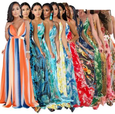 China Spaghetti strap deep v-neck chiffon casual dress women summer long bohomain maxis dress floral beach wear breathable holiday wear 2022 for sale