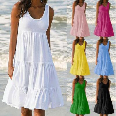 China Breathable casual dress women beachwear simple sleeveless dresses fashion 2021 o-neck beach dress candy color for sale