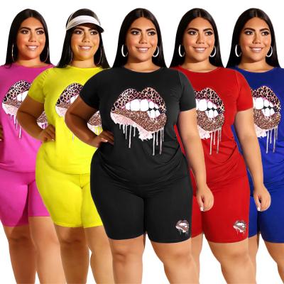 China QUICK DRY plus size sets shorts summer set 2021 new arrivals women's clothing suits women's new arrivals two-piece leopard lips print t-shirts shorts outfits for sale